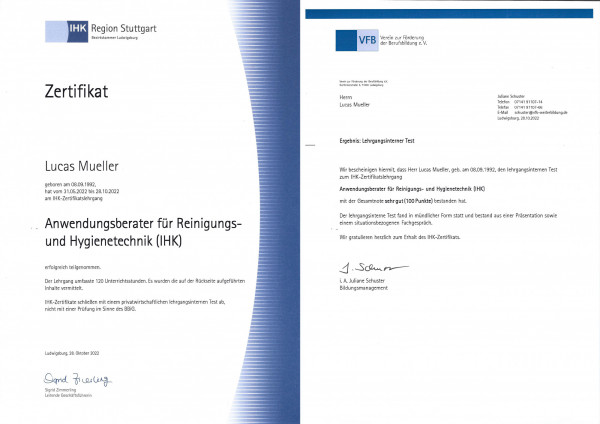 Zertifikat Lucas Mueller Anwendungsberater (IHK) 28.10.2022